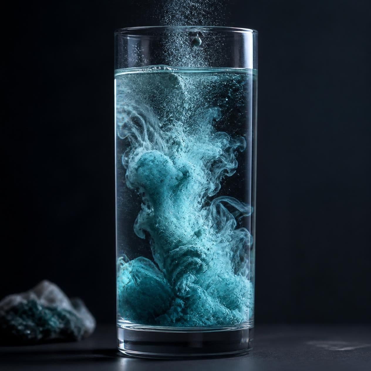 Teal sea minerals dissolving in a glass of water