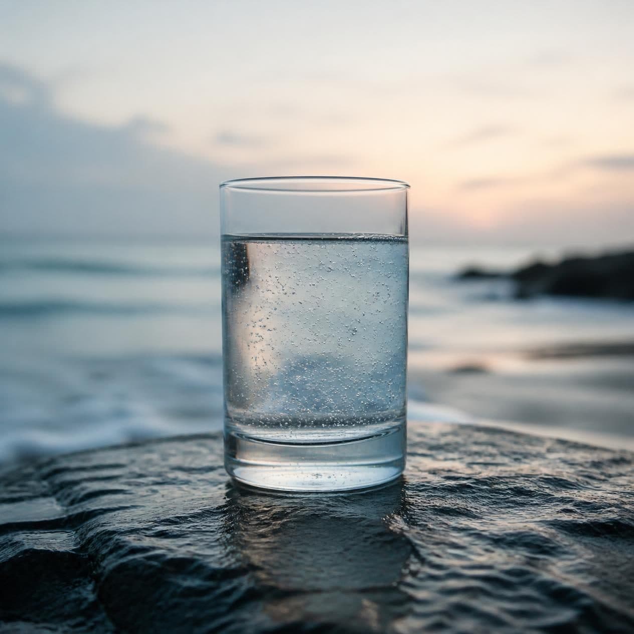 A glass of water on a coastal rock at sunset